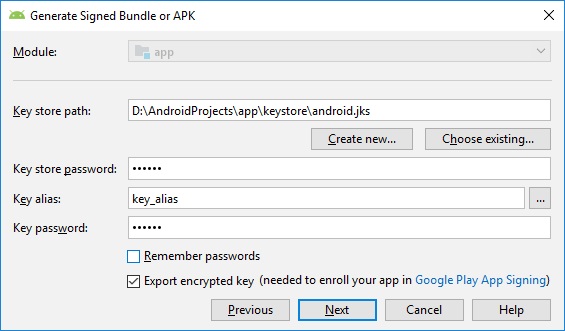 Figure 2 - Select the Export encrypted key option for Android App Deployment